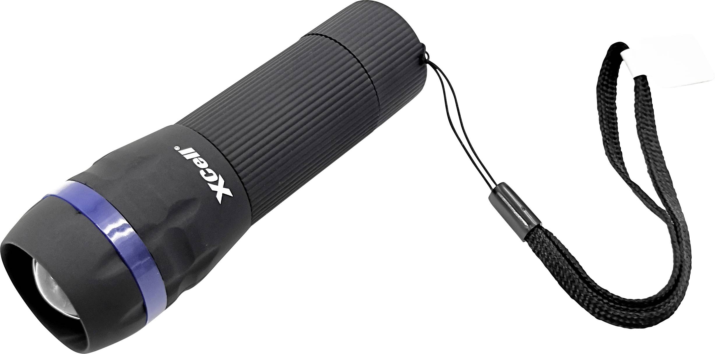 Schwarze Taschenlampe mit blauem Ring und Handgelenksschlaufe.