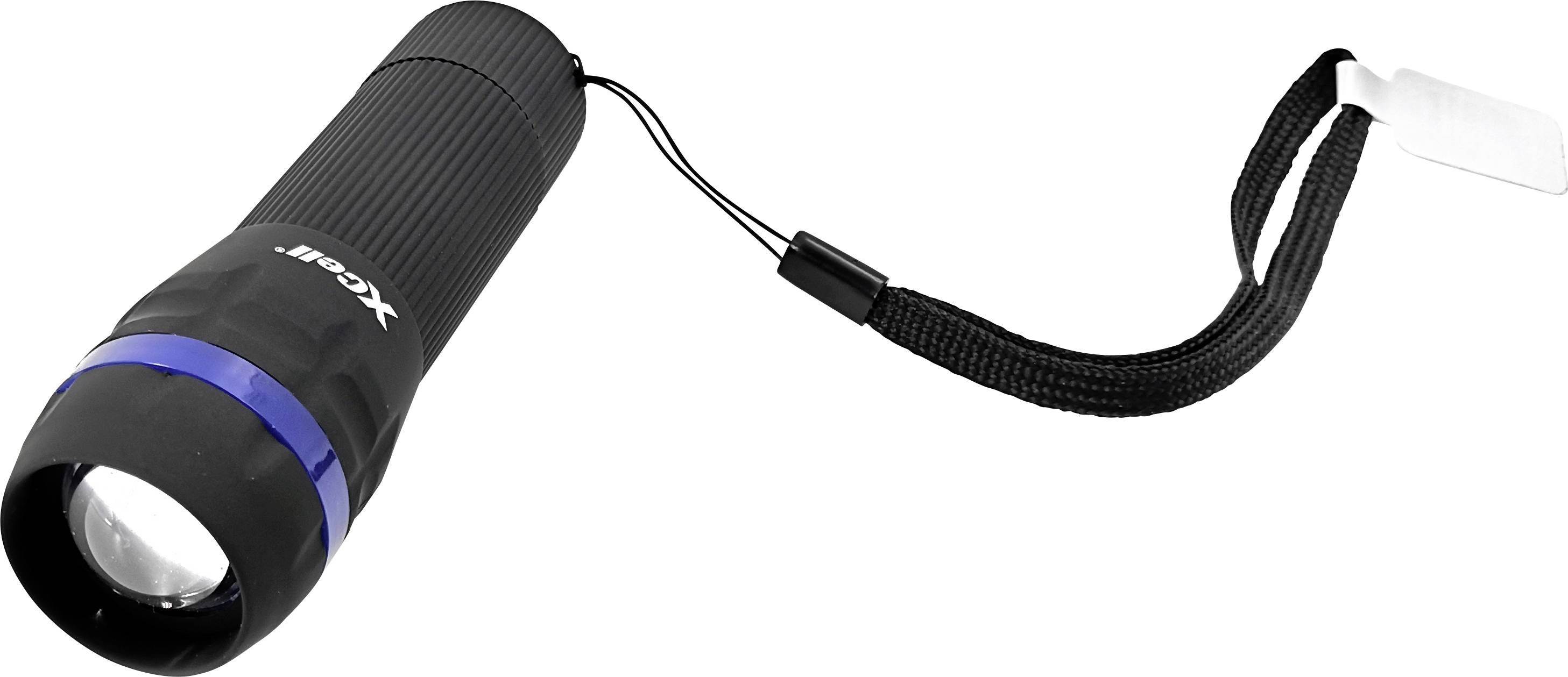 Schwarze Taschenlampe mit blauer Linie und Handschlaufe, auf weißen Hintergrund. Markenname aufgedruckt.