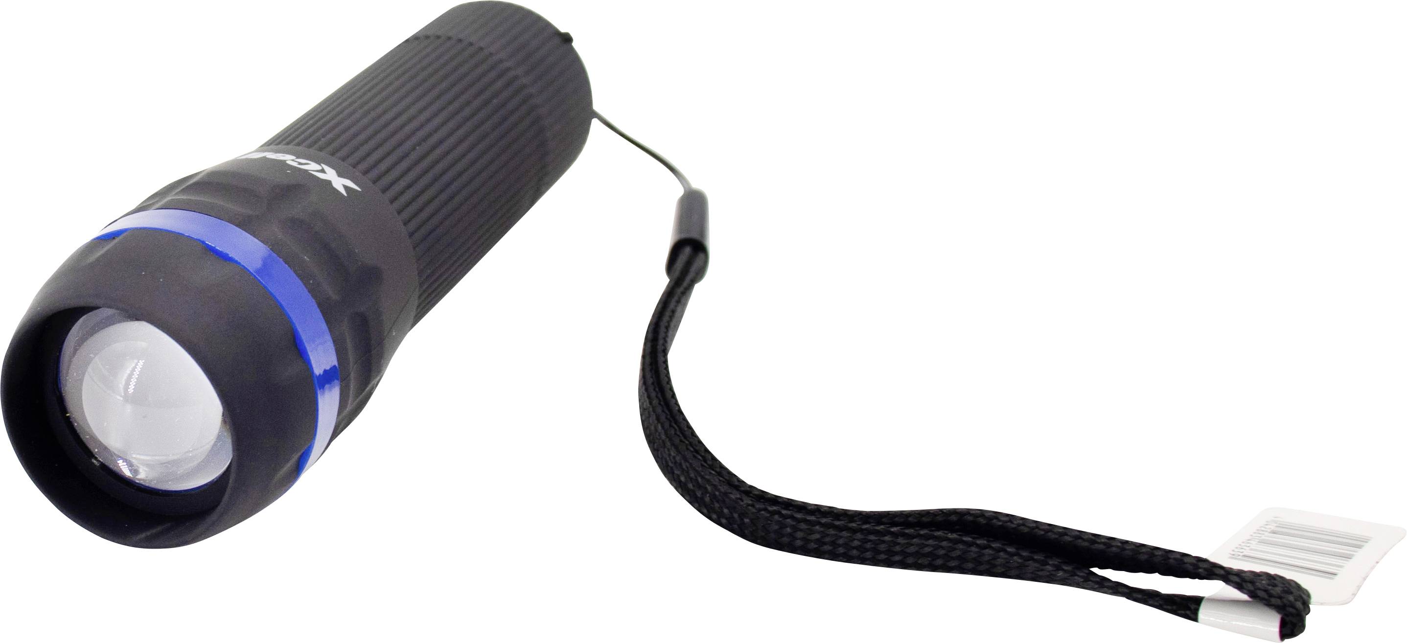 Kleine, schwarze Taschenlampe mit blauer Akzentlinie, seitlich liegend. Sie hat ein texturiertes Griffmuster und eine Handschlaufe.