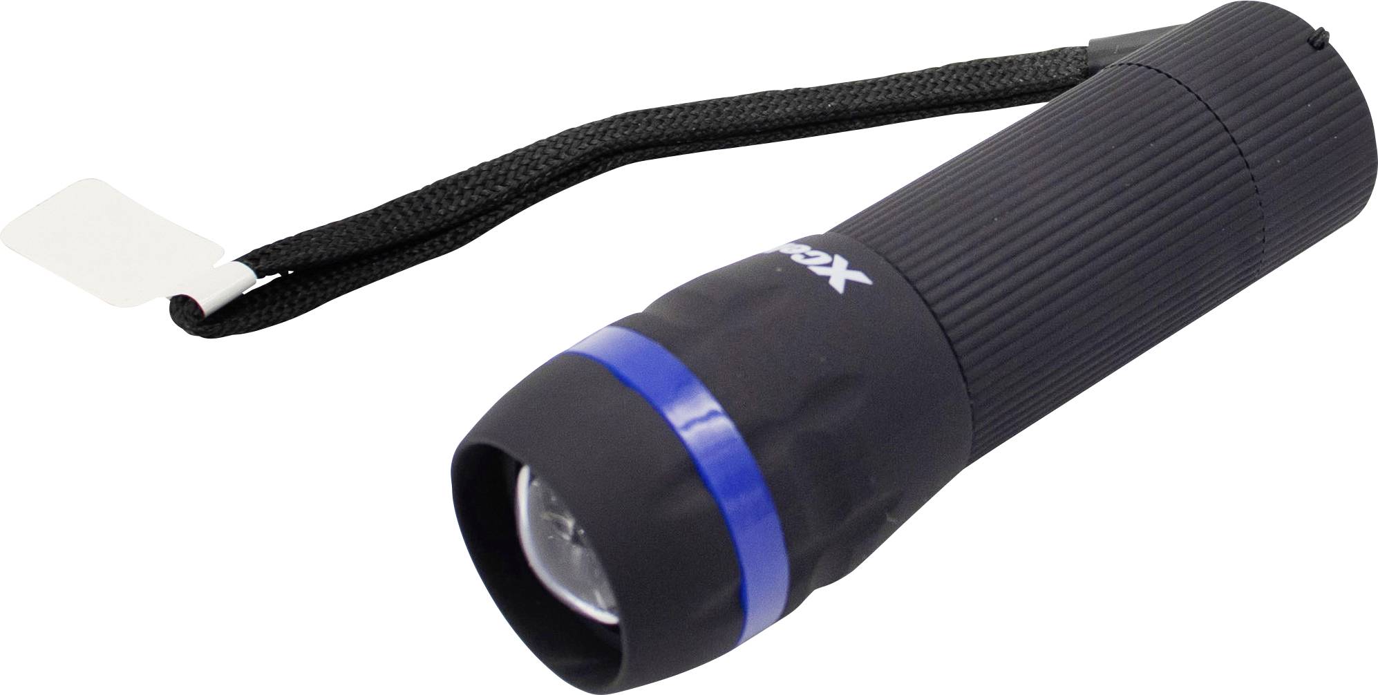 Schwarze Taschenlampe mit blauer Umrandung und Trageschlaufe.