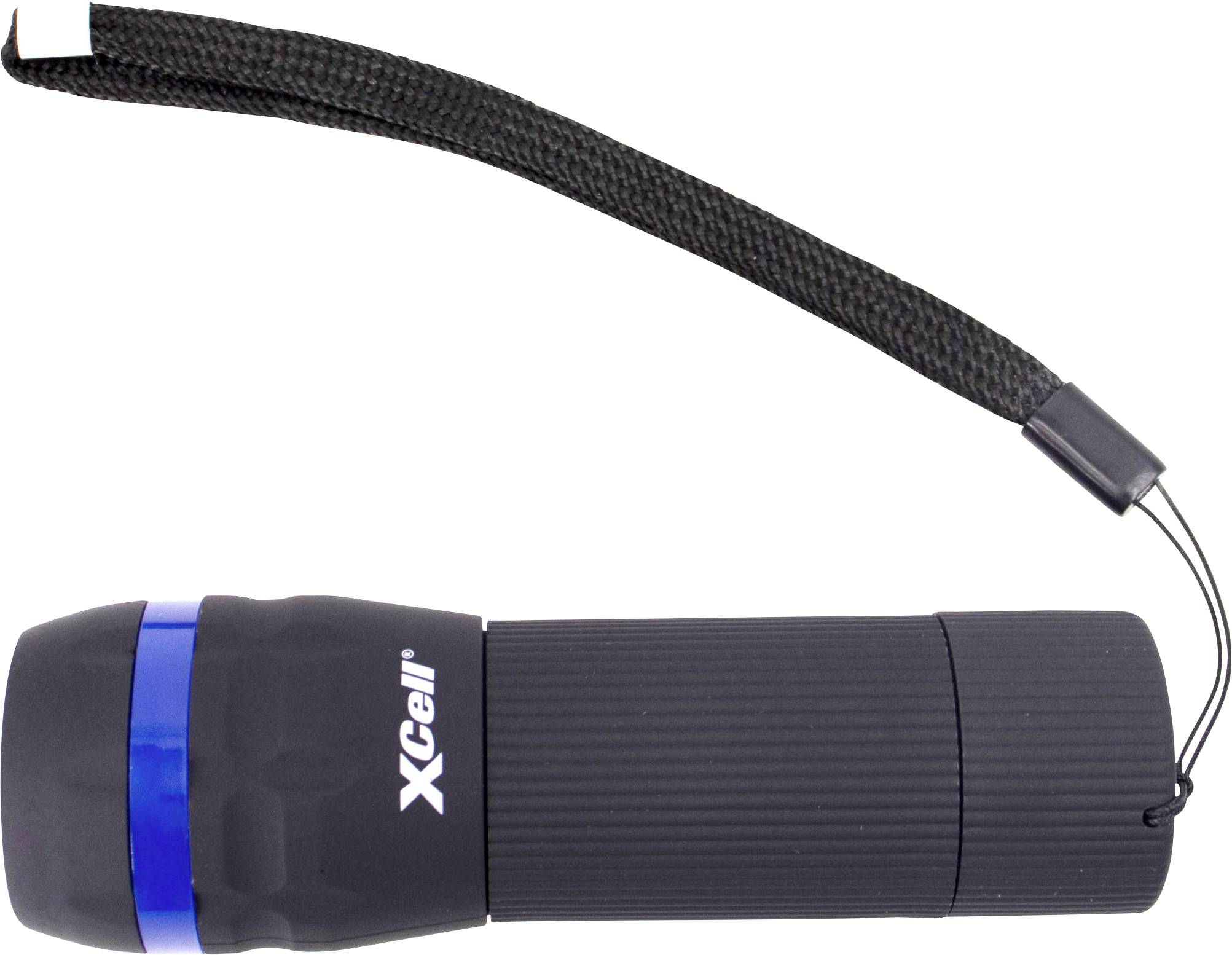 Eine schwarze Taschenlampe mit blauer Kante und einer Handschlaufe, markiert mit 'XCell' Aufschrift, liegt auf weißem Hintergrund.