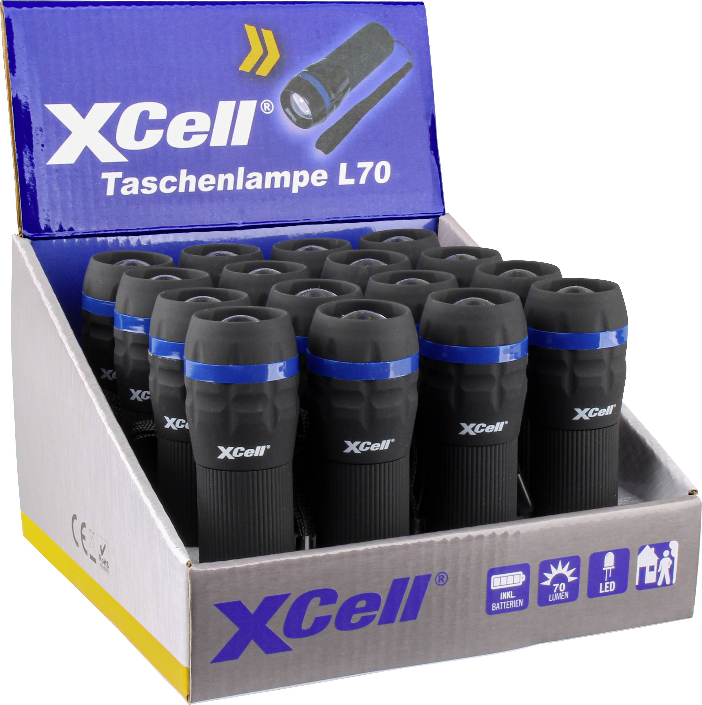 Schachtel mit XCell Taschenlampen L70. Zwanzig Taschenlampen in einer offen präsentierten Verpackung. Text: 'XCell Taschenlampe L70'.