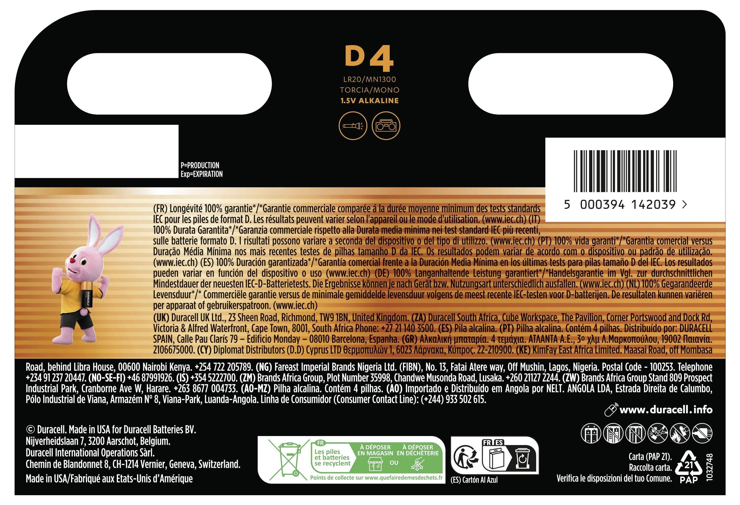 Duracell D4 batteries packaging showing product details, UPC code, and a character mascot. Text includes consumer guarantee information.