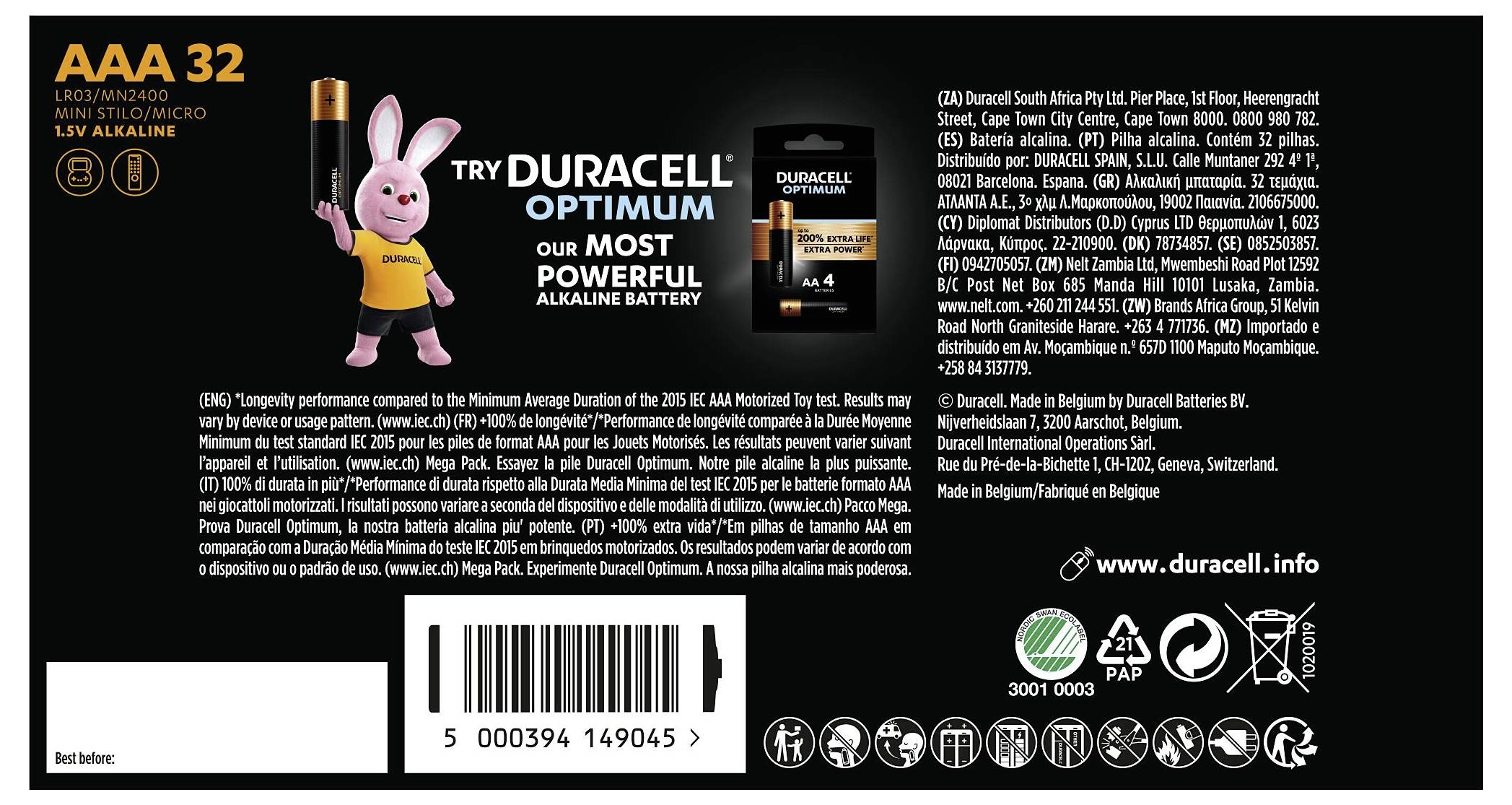 Duracell Optimum AAA 32 count packaging with pink bunny mascot. Features text promoting its powerful alkaline batteries.