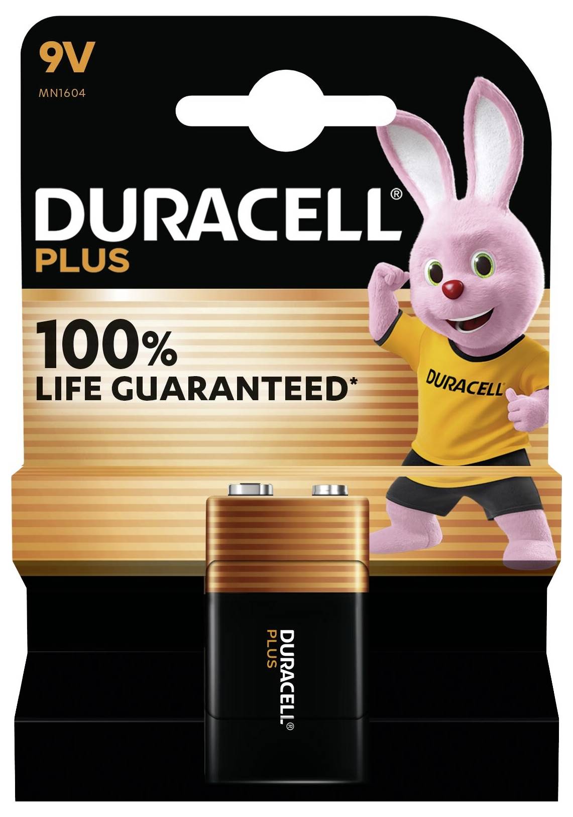 Packung Duracell Plus 9V-Batterie mit ihrem Maskottchen, einem rosa Hasen, mit der Werbung „100% Lebensdauer garantiert