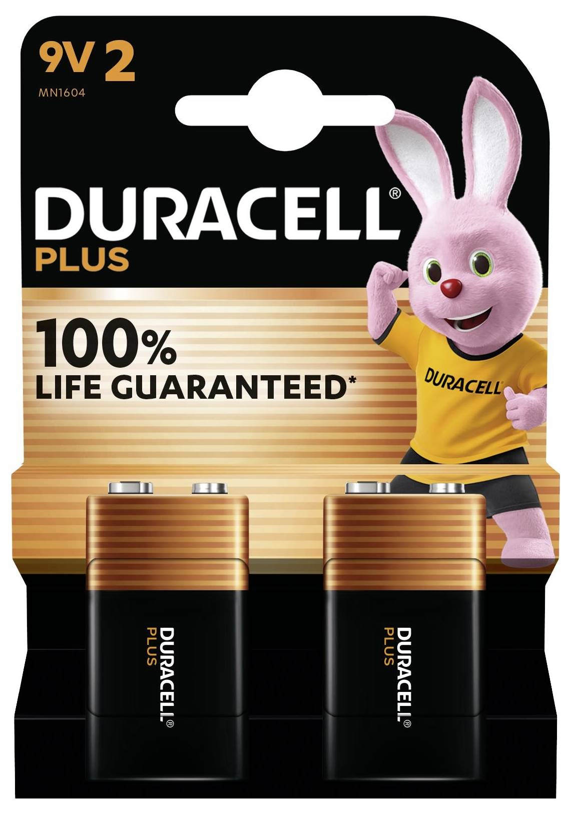 Zwei Duracell Plus 9V-Batterien in Verpackung, mit einem rosa Kaninchen-Maskottchen und dem Text „100% LEBENSDAUER GARANTIERT