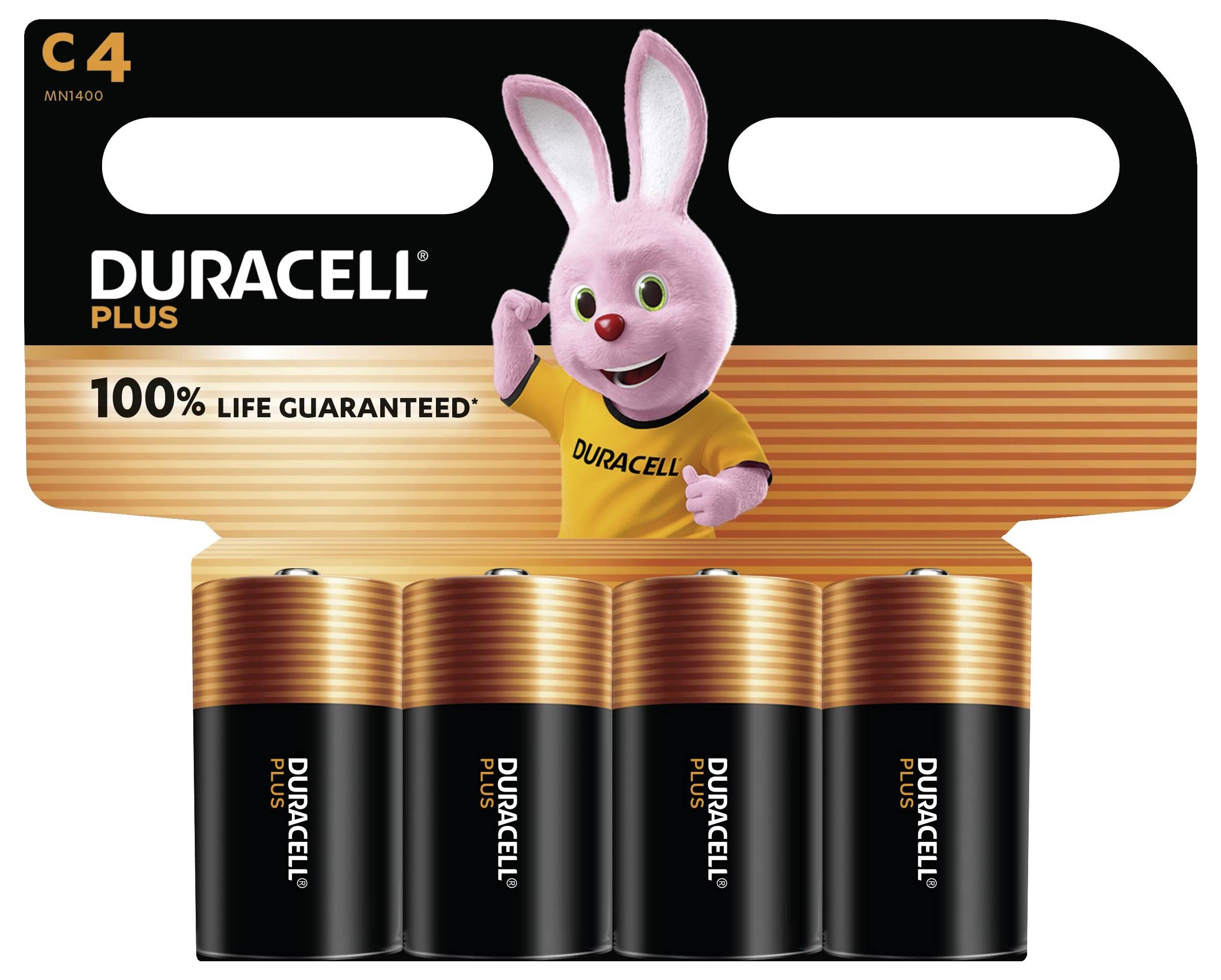 „Duracell Plus C4 Batterienpackung mit rosa Hasenmaske, der ein gelbes Hemd trägt. Der Text lautet: 100% Lebensdauer garantiert.