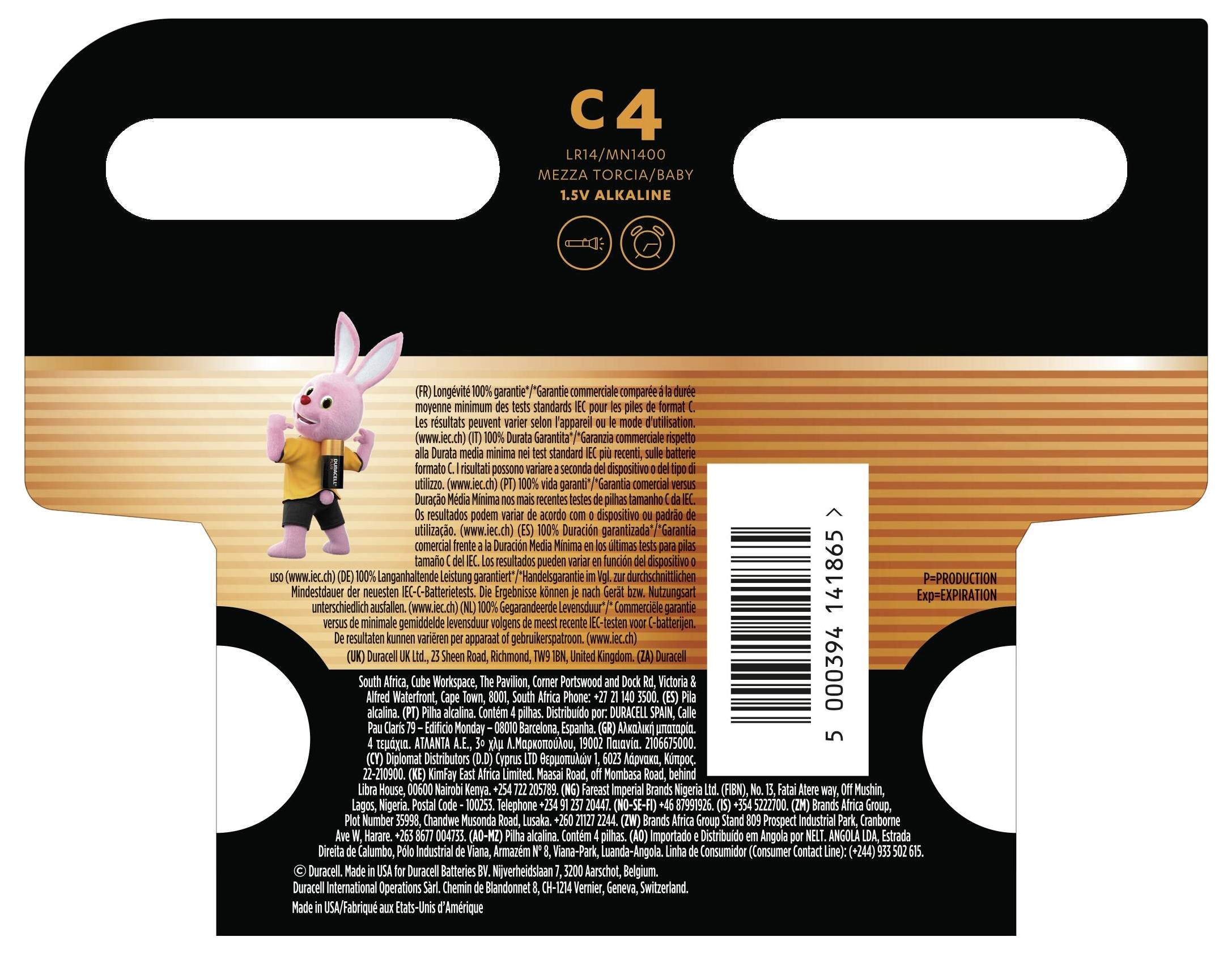 Package for C4 1.5V alkaline batteries, featuring a pink rabbit mascot on the left with text and barcode on the right.