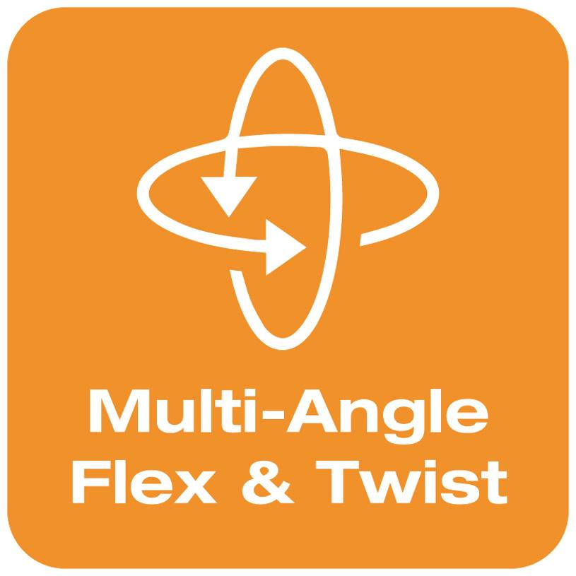 Symbol mit zwei Pfeilen in entgegengesetzte Richtungen, die eine ovale Form bilden. Darunter steht 'Multi-Angle Flex & Twist'.