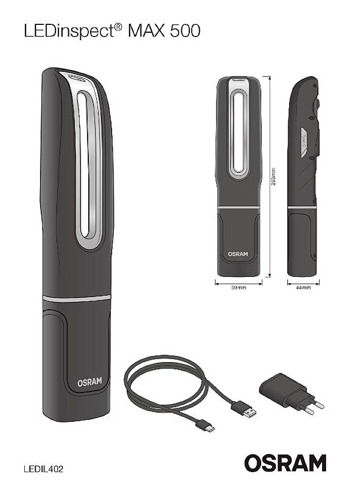 'LEDinspect MAX 500' Handlampe mit Kabel und Stecker abgebildet. Maße: 250mm Höhe, 50mm Breite, 43mm Tiefe. Marke: OSRAM.