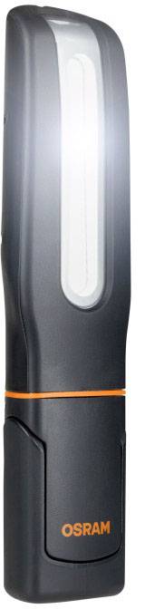 Schwarze Handlampe von OSRAM mit breitem weißen Leuchtstreifen und orangefarbenem Logo, steht aufrecht positioniert.