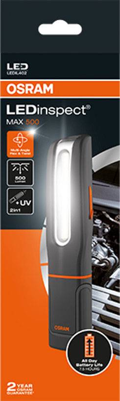LED-Taschenlampe Verpackung. Marke 'OSRAM', Modell 'LEDinspect MAX 500'. Enthält UV-Licht und ist 2-in-1. 2 Jahre Garantie.