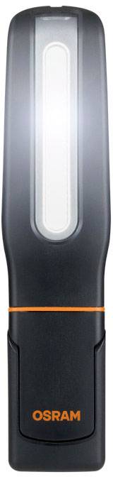 Eine tragbare, schwarze OSRAM LED-Lampe mit einem schmalen, länglichen Leuchtfeld in der Mitte und dem OSRAM-Logo unten.