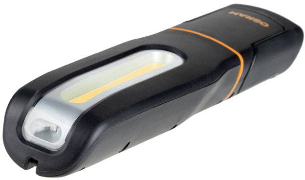 Taschenlampe mit schwarzem Gehäuse und orangefarbenem Akzent.