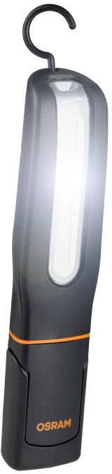 Eine tragbare LED-Arbeitsleuchte mit Haken und heller, länglicher Leuchtfläche. Markenname 'OSRAM' ist auf dem Gehäuse zu sehen.
