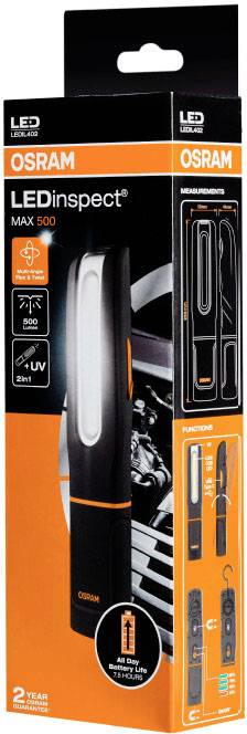 Verpackung einer LED-Arbeitsleuchte von Osram mit der Aufschrift 'LEDinspect MAX 500', zeigt Produktbilder, Funktionen und technische Details.