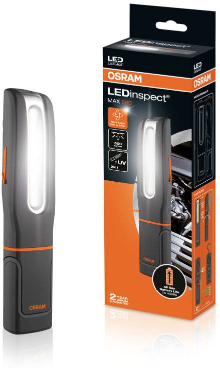 LED-Taschenlampe 'OSRAM LEDinspect MAX 500' neben Verpackung. Enthält Lichtleiste, UV-Licht, 2-in-1 Funktion. Geeignet für Werkstattgebrauch.