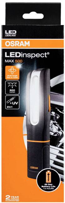 'OSRAM LEDinspect MAX 500' Taschenlampe auf schwarzer Verpackung. Merkmale: 500 Lumen, 2-in-1, UV-Licht, integrierter Magnet.