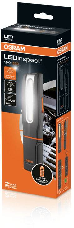 Eine Packung der 'OSRAM LEDinspect MAX 500'. Zeigt eine tragbare LED-Werkstattleuchte, ideal für Fahrzeugreparaturen.