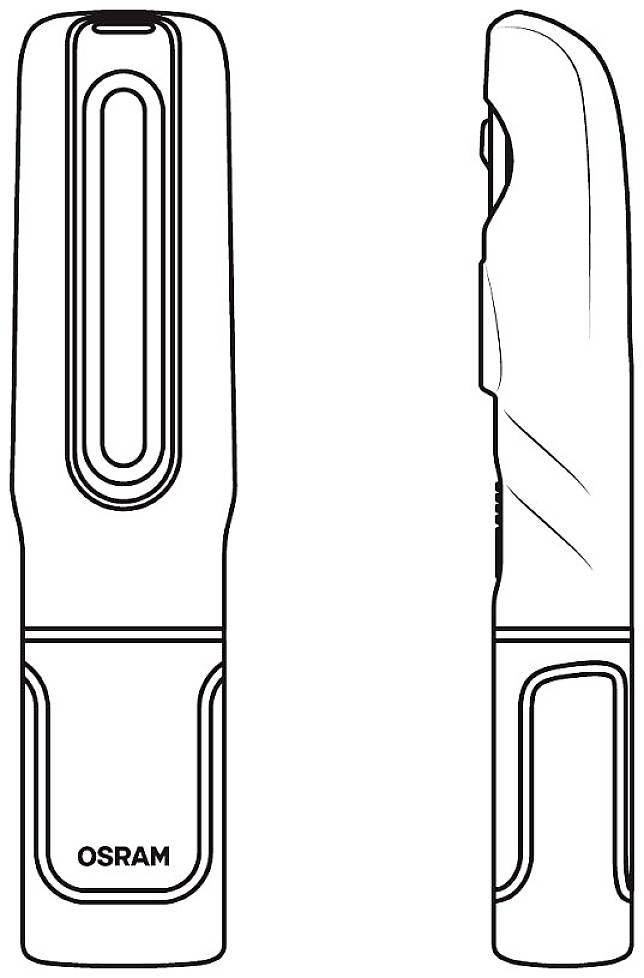 Zeichnung einer rechteckigen OSRAM-Taschenlampe aus zwei Perspektiven: Frontalansicht und Seitenansicht.