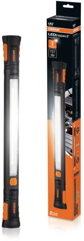 Eine schlanke LED-Arbeitsleuchte mit orangenen Griffen, neben der dazu passenden Verpackung von Osram, die Details und Funktionen zeigt.