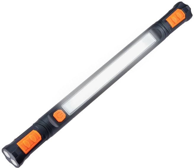 Eine lange, rechteckige LED-Arbeitsleuchte mit schwarzem Gehäuse und orangefarbenen Knöpfen an den Enden.