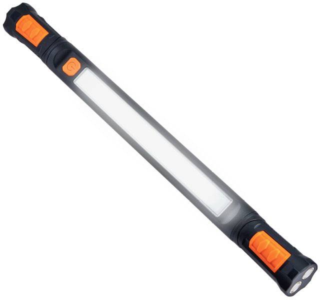 Tragbare LED-Taschenlampe, länglich, schwarz, mit orangefarbenen Knöpfen an beiden Enden, auf weißem Hintergrund.
