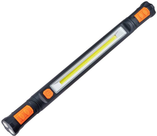 Eine schlanke, tragbare LED-Arbeitsleuchte mit schwarzen und orangefarbenen Details.