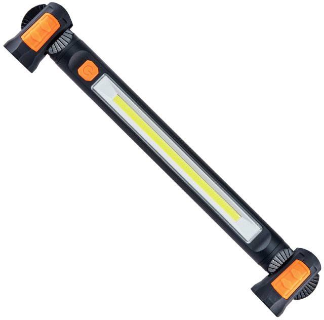 Schwarze LED-Lampe mit gelbem Lichtstreifen und zwei orangefarbenen Befestigungen an den Enden, geeignet für Fahrrad oder Rucksack.
