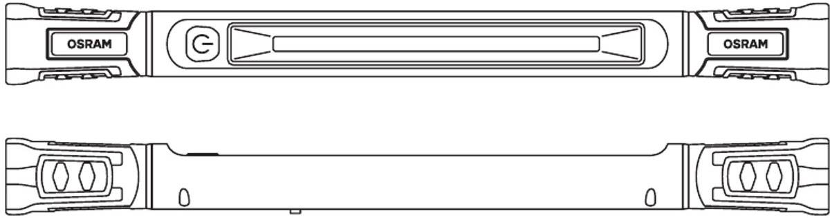 Diagramm einer Stablampe von OSRAM, mit Ein/Aus-Knopf und Leuchtstreifen in der Mitte, zeigt die Vorder- und Seitenansicht.