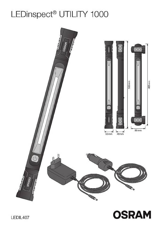 'LEDinspect UTILITY 1000' Taschenlampe von OSRAM abgebildet mit Zubehör, inklusive Netzteil und Kabel. Produktnummer: LEDIL407.