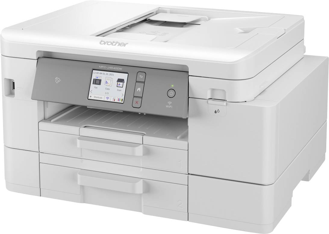 Ein weißer Multifunktionsdrucker mit Display und mehreren Papierfächern. Der Drucker bietet Druck-, Scan- und Kopierfunktionen.