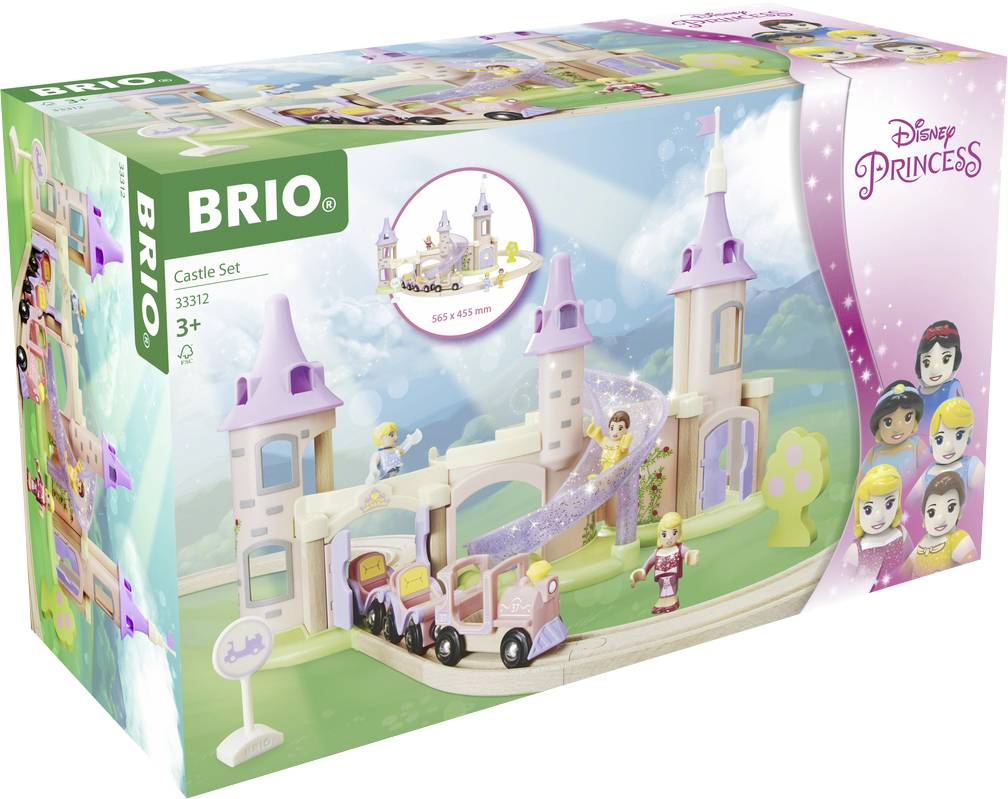 Ein Spielzeug-Set von BRIO mit Disney-Prinzessinnen-Motiv. Enthält ein fantasievolles Schloss, Schienen und eine Lokomotive. Empfohlen ab 3 Jahren.