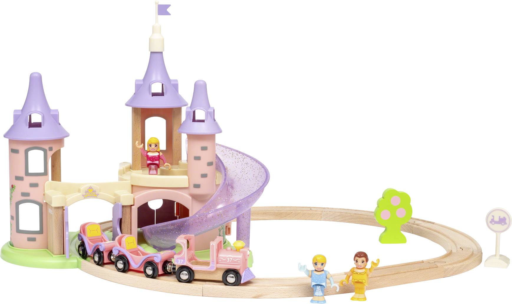 Ein Spielzeugschloss mit rosa Türmen und einer lila Rutsche. Ein Zug auf einer Holzschiene fährt vorbei, zwei Figuren stehen daneben.