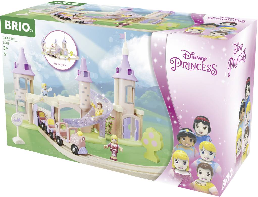 Lego-ähnliches Spielzeugset für Kinder ab 3 Jahren mit Disney-Prinzessinnen-Thema. Zeigt Schloss mit Zug und Figuren auf der Verpackung.