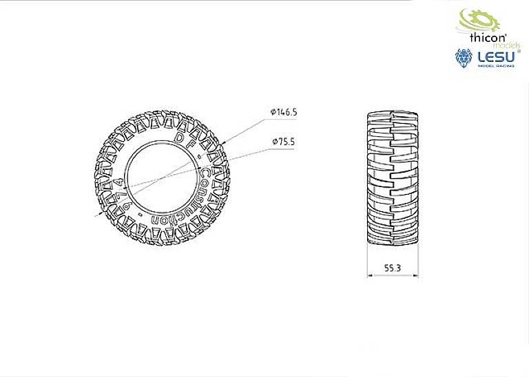 Thicon Models 1:16 Landwirtschaftsfahrzeug Reifen 55.3mm 1 Paar
