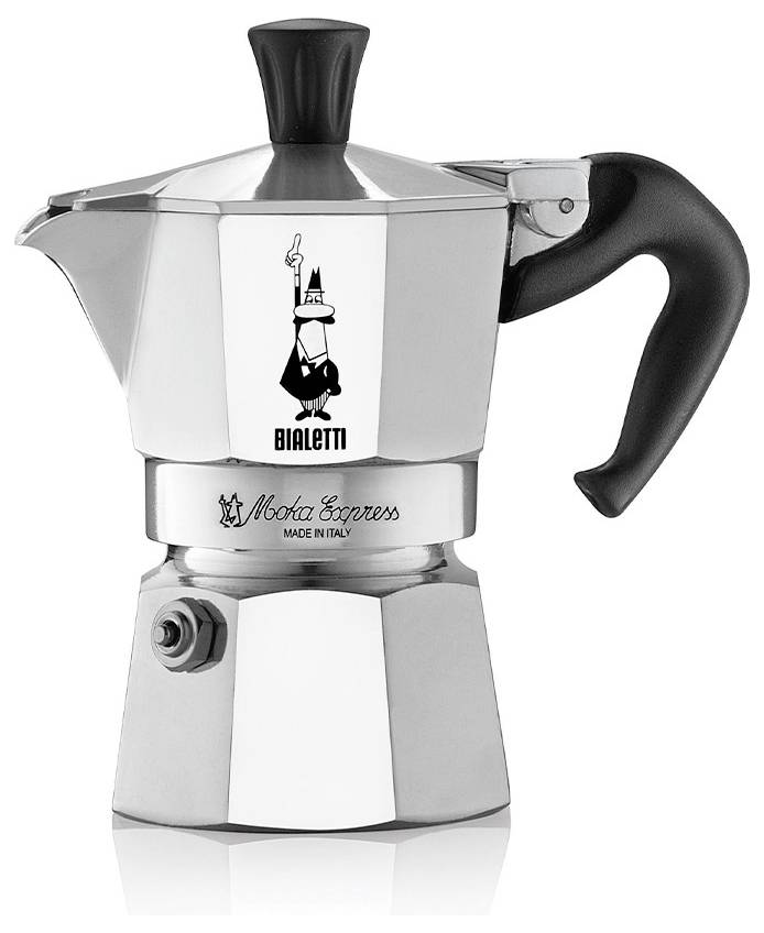 Eine Mokka-Kanne aus Edelstahl mit einem schwarzen Griff und Ausguss, mit dem Bialetti-Logo und dem Schriftzug 