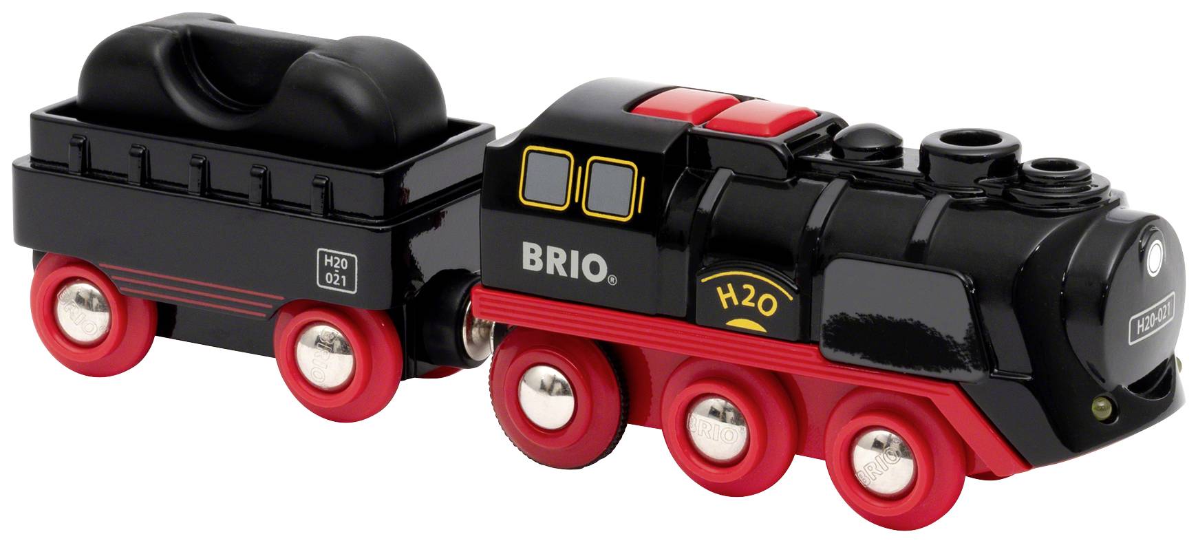 Ein schwarzer Spielzeugzug aus Holz mit roten Rädern. Der Zug hat einen abnehmbaren Kohletender und die Aufschrift 'BRIO H2O'.