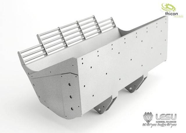 Metallrahmen eines Modellbausatzes mit Schraubenlöchern und Lattenrost oben. Logos von 'Thicon Models' und 'LESU' sichtbar.