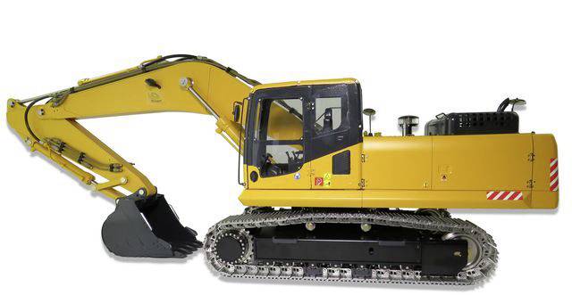 Ein gelber Bagger mit einem Raupenfahrwerk und einer Schaufel, seitlich abgebildet, vor einem weißen Hintergrund.