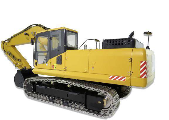 Ein gelber Bagger auf weißen Hintergrund. Der Bagger hat ein langes Auslegerarm mit Schaufel, ideal für Bau- oder Erdarbeiten.