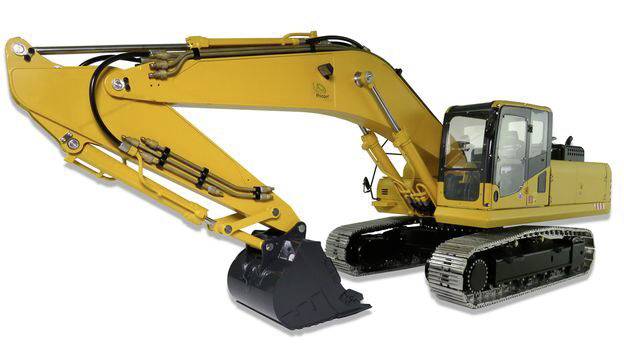 Ein gelber Bagger mit einem langen Ausleger und einer Schaufel. Er steht auf Raupenketten und ist für Erdarbeiten geeignet.