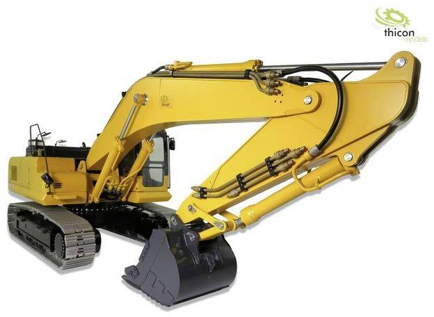 Ein gelber Bagger mit Kettenlaufwerk und großem Auslegerarm, Modell von Thicon Models.