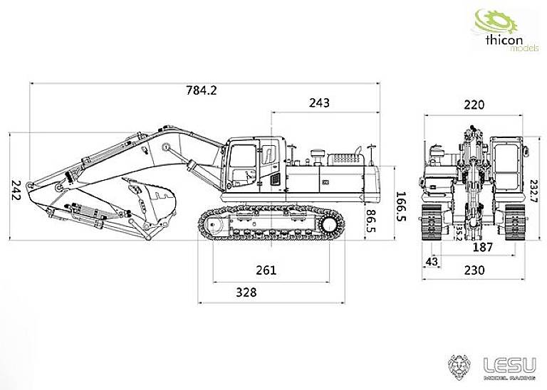 Technische Zeichnung eines Baggers mit seitlichen und frontalen Abmessungen in Millimetern. Herstellerlogos oben rechts und unten links.