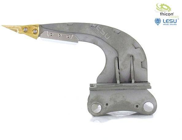 Chirurgisches Instrument aus Metall mit gebogenem Ende und goldener Spitze, wahrscheinlich für medizinische oder technische Anwendungen.