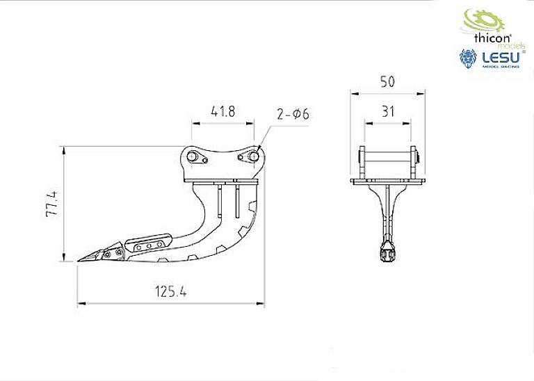 Technische Zeichnung eines Bauteils mit Abmessungen: Länge 125,4 mm, Höhe 77,4 mm, Breite 50 mm. Markierungen und Bohrlöcher sind sichtbar.