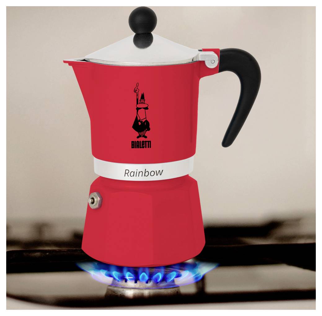 Ein roter Espressokocher mit der Aufschrift 