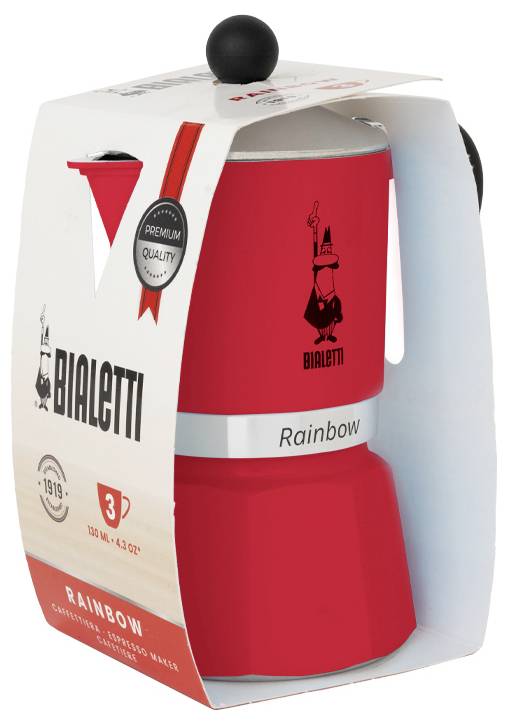 Rot-roter Bialetti Rainbow Mokka-Kanne in Originalverpackung, mit schwarzem Griff und Knopf. Verpackung hebt 'Premium Qualität' und '3 Tassen' hervor.