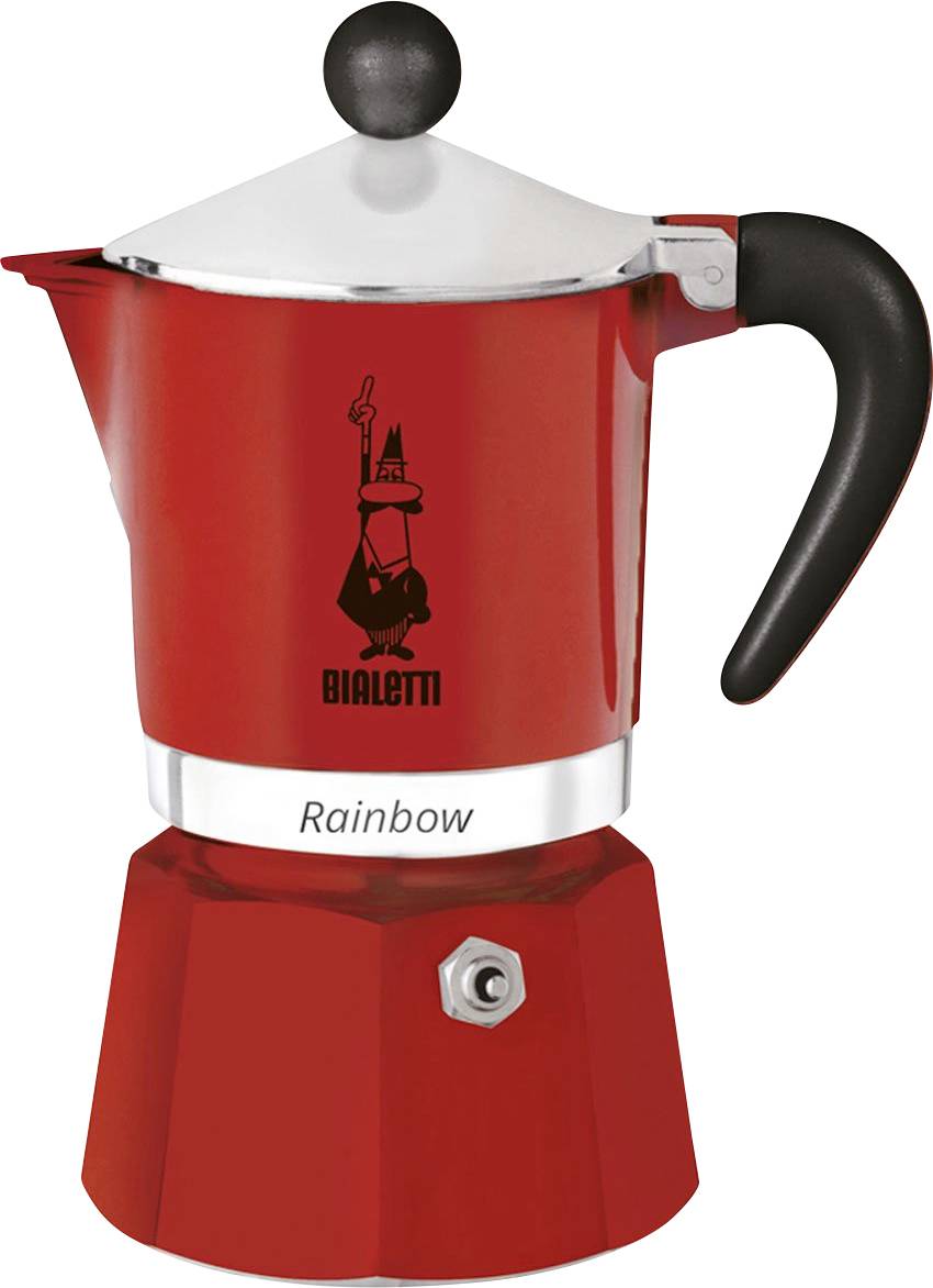 Ein roter Espressokocher aus Metall mit einem silbernen Deckel und schwarzem Griff, auf dem ein Logo und das Wort 