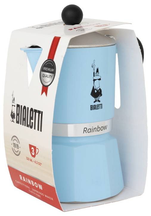 Blauer Bialetti Rainbow Mokka-Kanne in Verpackung mit 'Premium Qualität' Siegel. Kapazität: 3 Tassen (130 ml).
